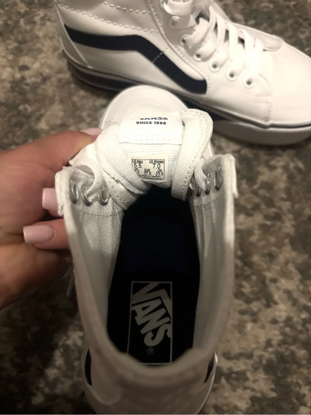 Vans White High-Top Platform Sneakers with Navy Stripe